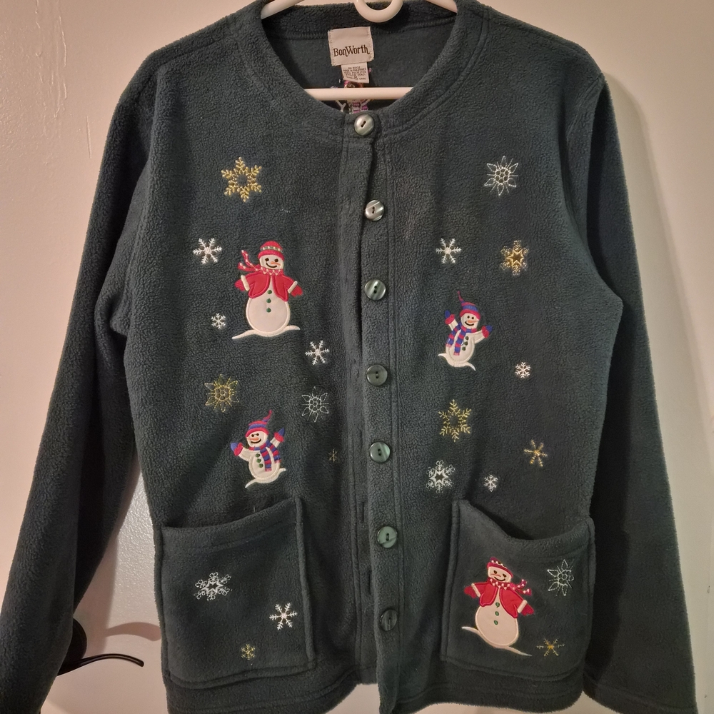 Snowman Embroidered Fleece Cardigan